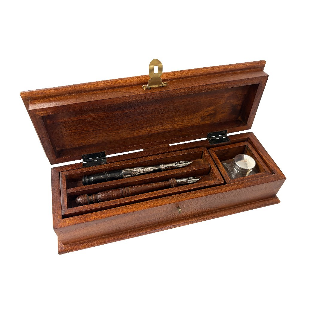 Antique Reproduction Colonial Writing Pen Box with Inkwell and Accessories