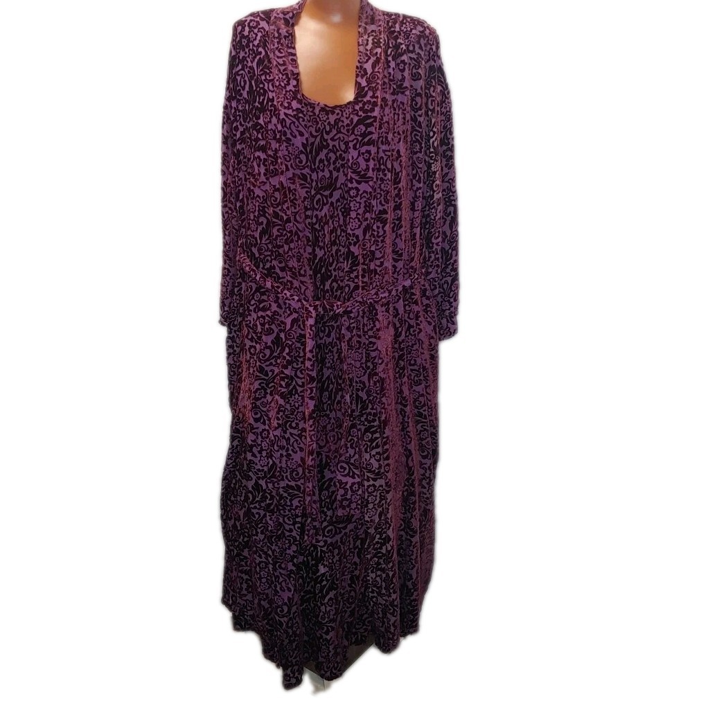 Lasoie Woman L Velvet Burn Out Silk Lounge Robe Slip Dress Set Wine Dark Romance