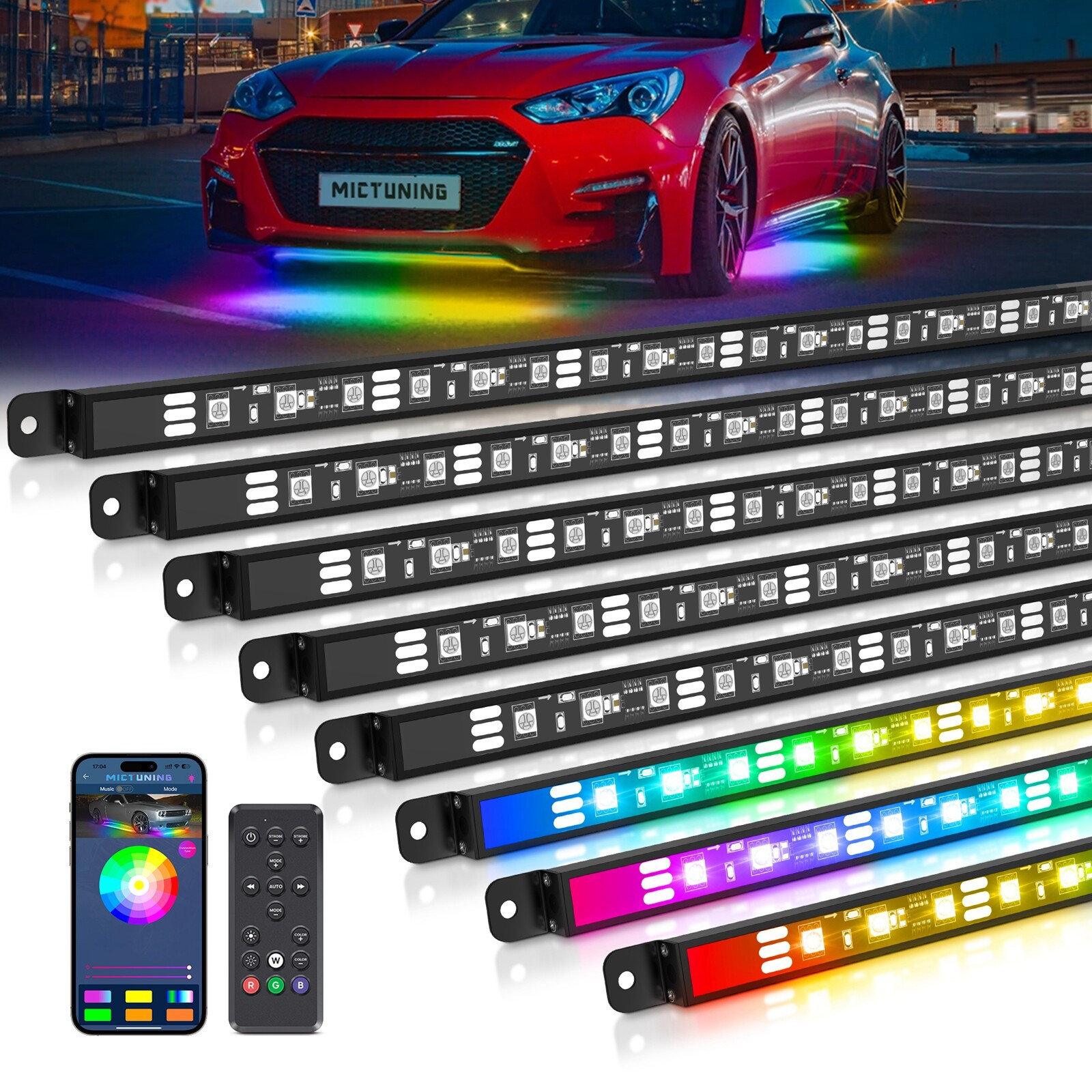 MICTUNING 8PCS Aluminum RGB Underglow LED Light Bar, Underbody Light Strip Kit