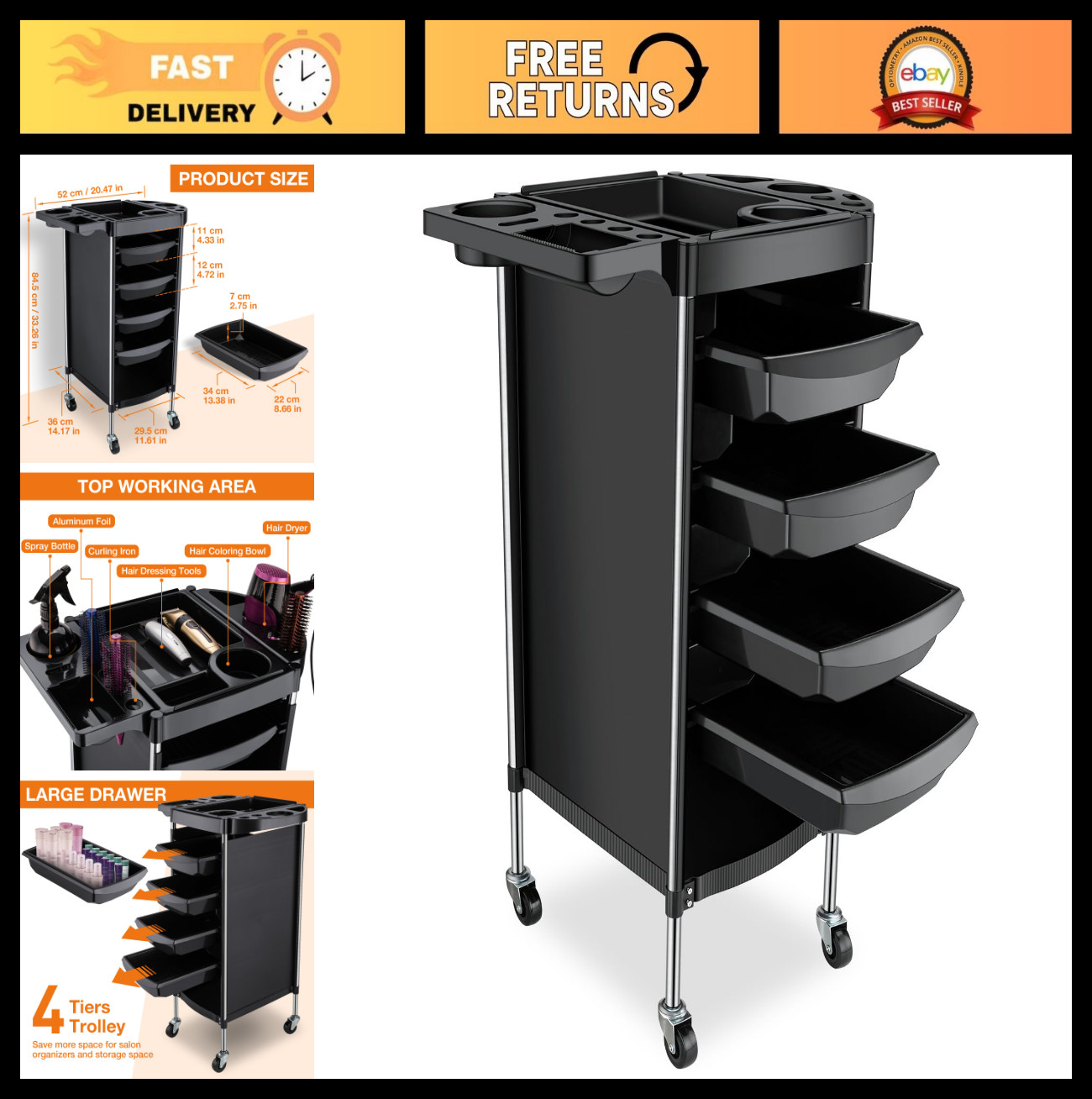 6-Layer Rolling Salon Tool Cart with Wheels, Hair Salon Storage Organizer