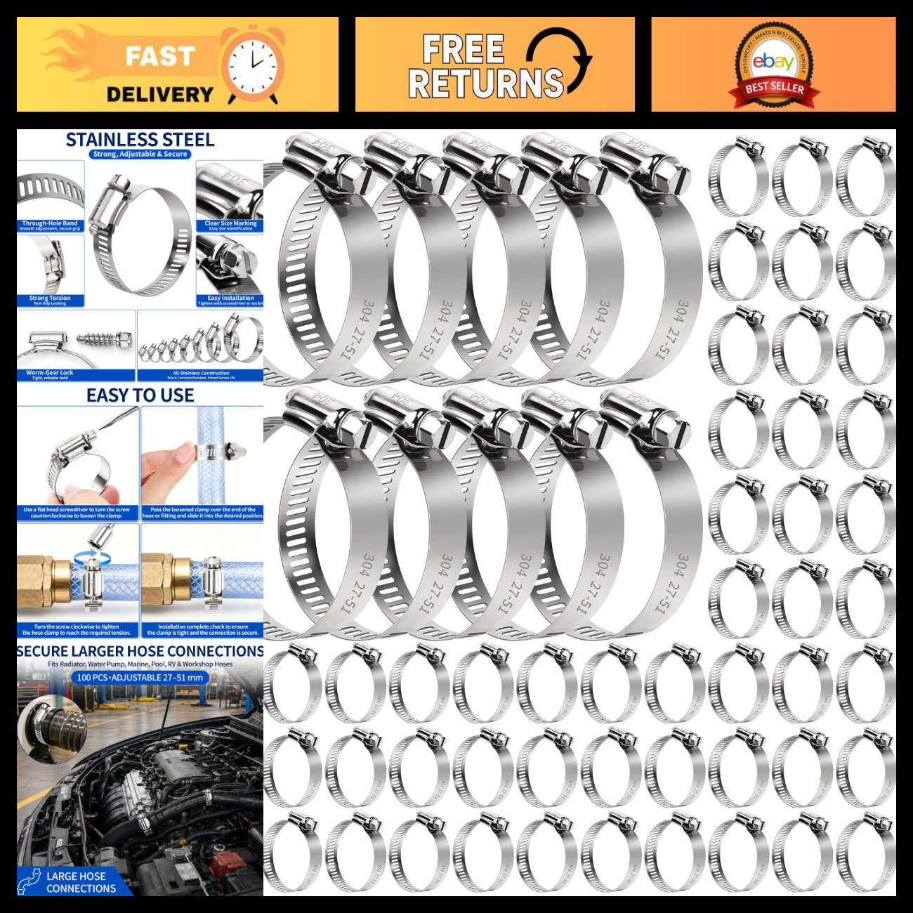100 Pcs Adjustable Stainless Steel Hose Clamps 1\'\'-2\'\' (27-51mm) - Durable & Rus