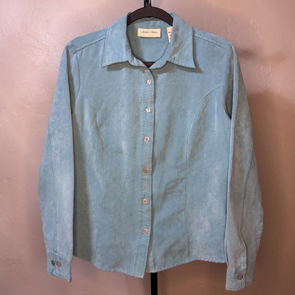 Vintage Lemon Grass Faux Suede Button Down Shirt Sky Blue Medium GranolaChic