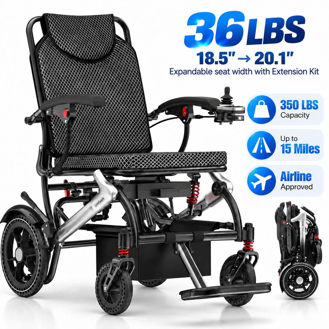 36lb Lightweight Foldable Electric Wheelchair Airline Approved Power Chair 350lb