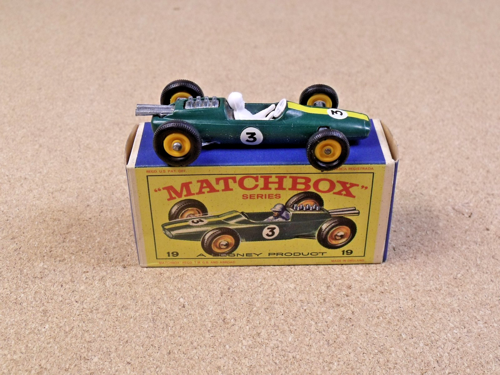 OLD VINTAGE LESNEY MATCHBOX # 19 LOTUS RACING CAR ORIGINAL BOX WITH DECALS OLD VINTAGE LESNEY MATCHBOX # 19 LOTUS RACING CAR ORIGINAL BOX WITH DECALS