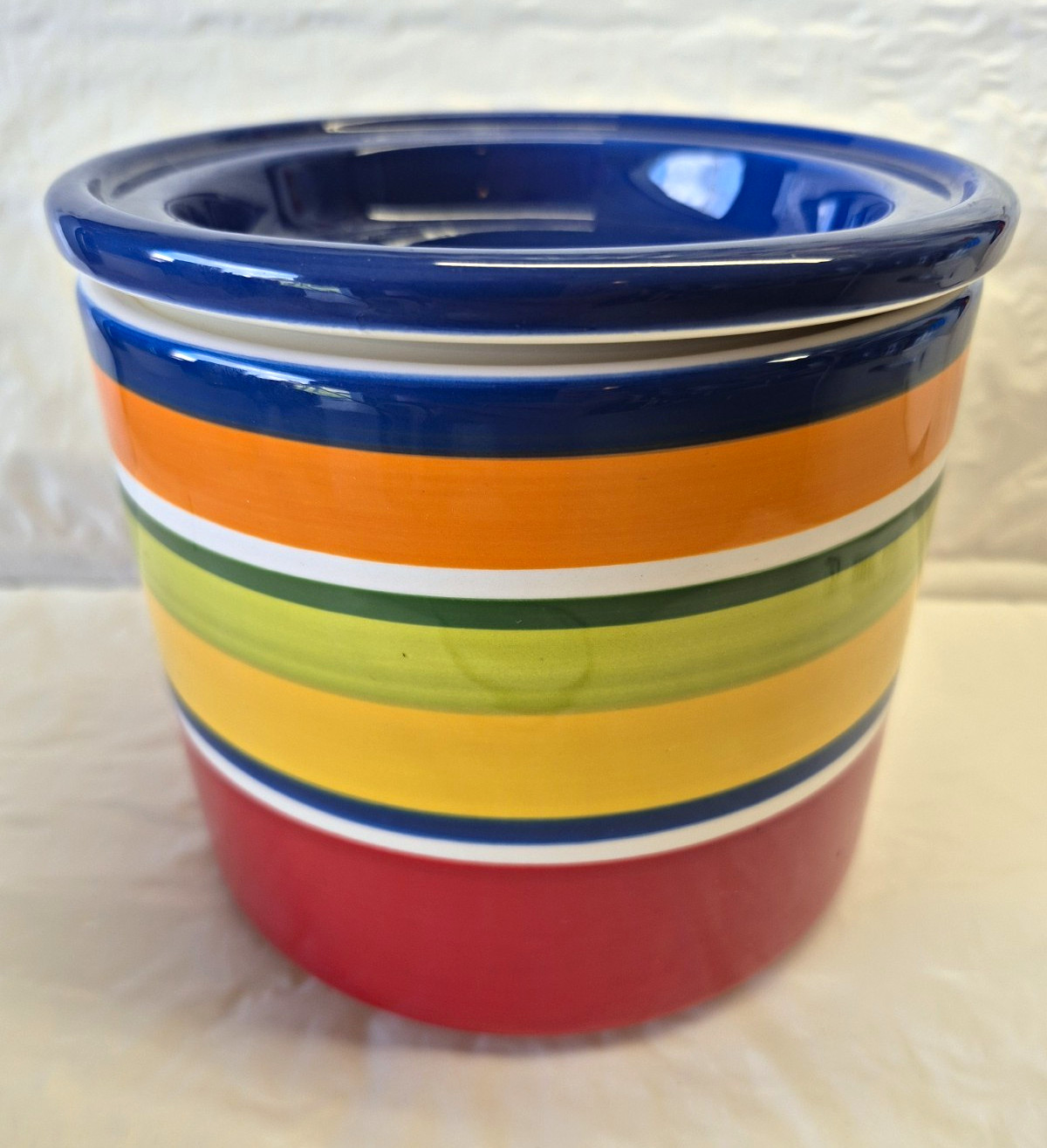 Pier 1 Imports Ironstone Striped Multicolor Jar w/ Lid 5.5 Pier 1 Imports Ironstone Striped Multicolor Jar w/ Lid 5.5