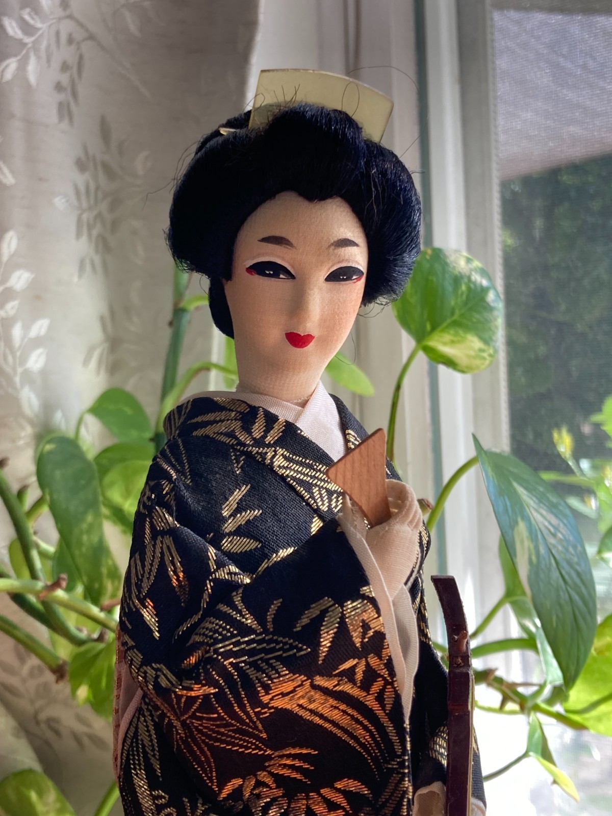 Vintage 1950s Geisha Doll with Shamisen | Silk Kimono Black and Gold Bamboo