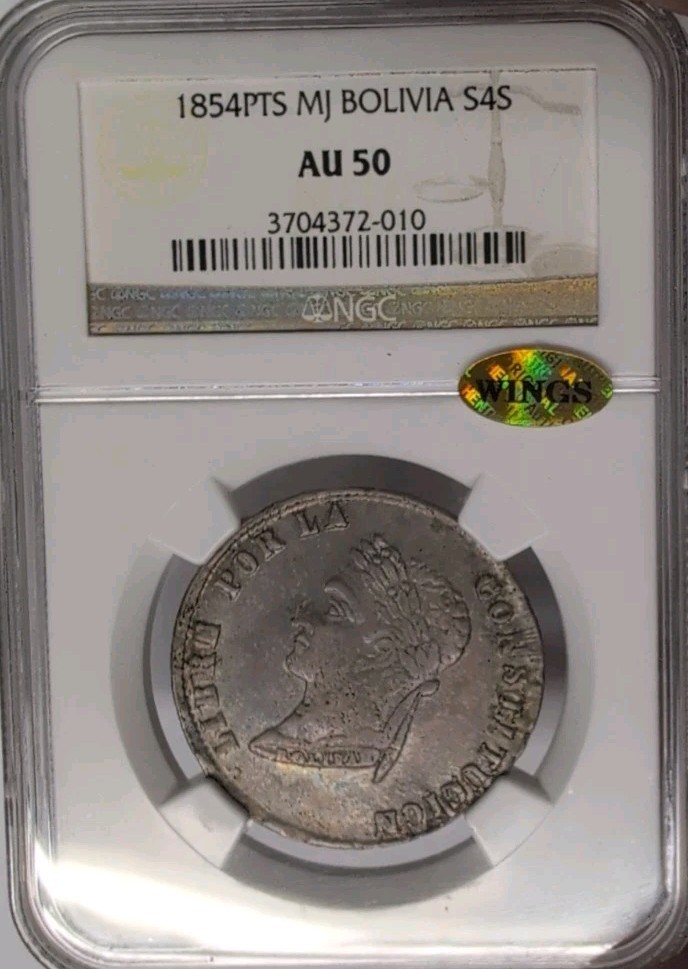 1854PTS MJ Bolivia 4 Soles NGC Lovely Example