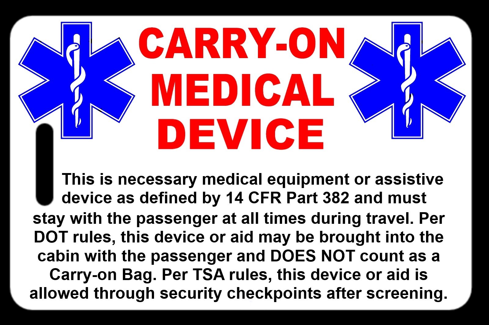 Personalized Carry-On Medical Device Luggage/Bag Tag