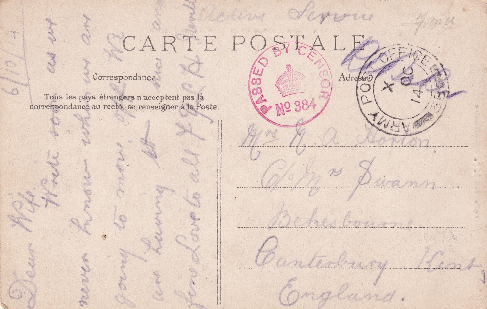 GB WWI FIELD POST FRANCE 1914 DC „ARMY POST OFFICE / 38“ (POSTMARK-ERROR: