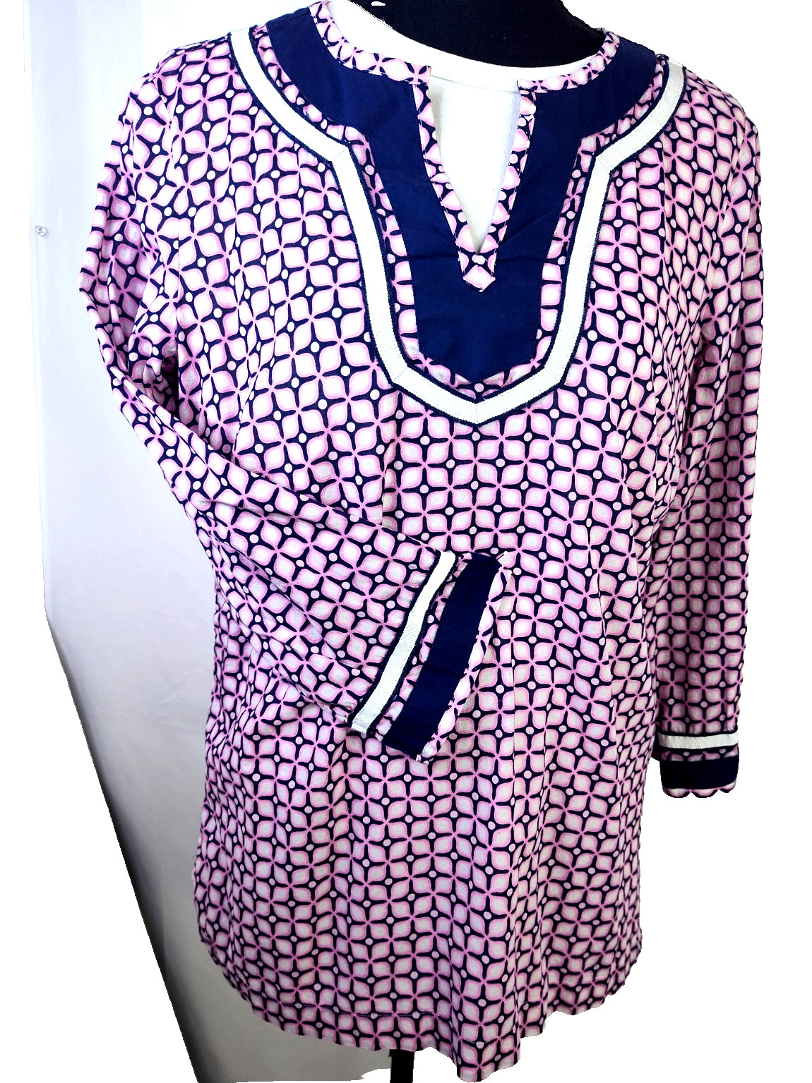 Talbots Tunic Top Womens Size M Blue Pink Floral Work wear Casual Long Sleeves