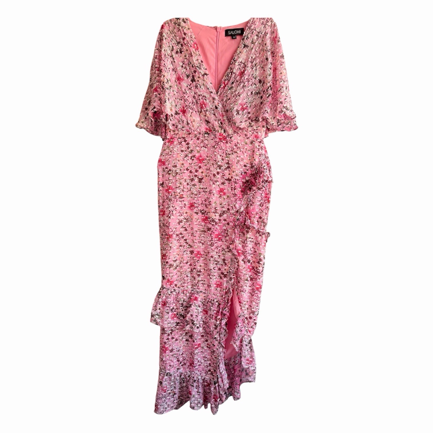 SALONI Pink Floral V-Neck Short Sleeve Ruffle Maxi Long Dress Size M