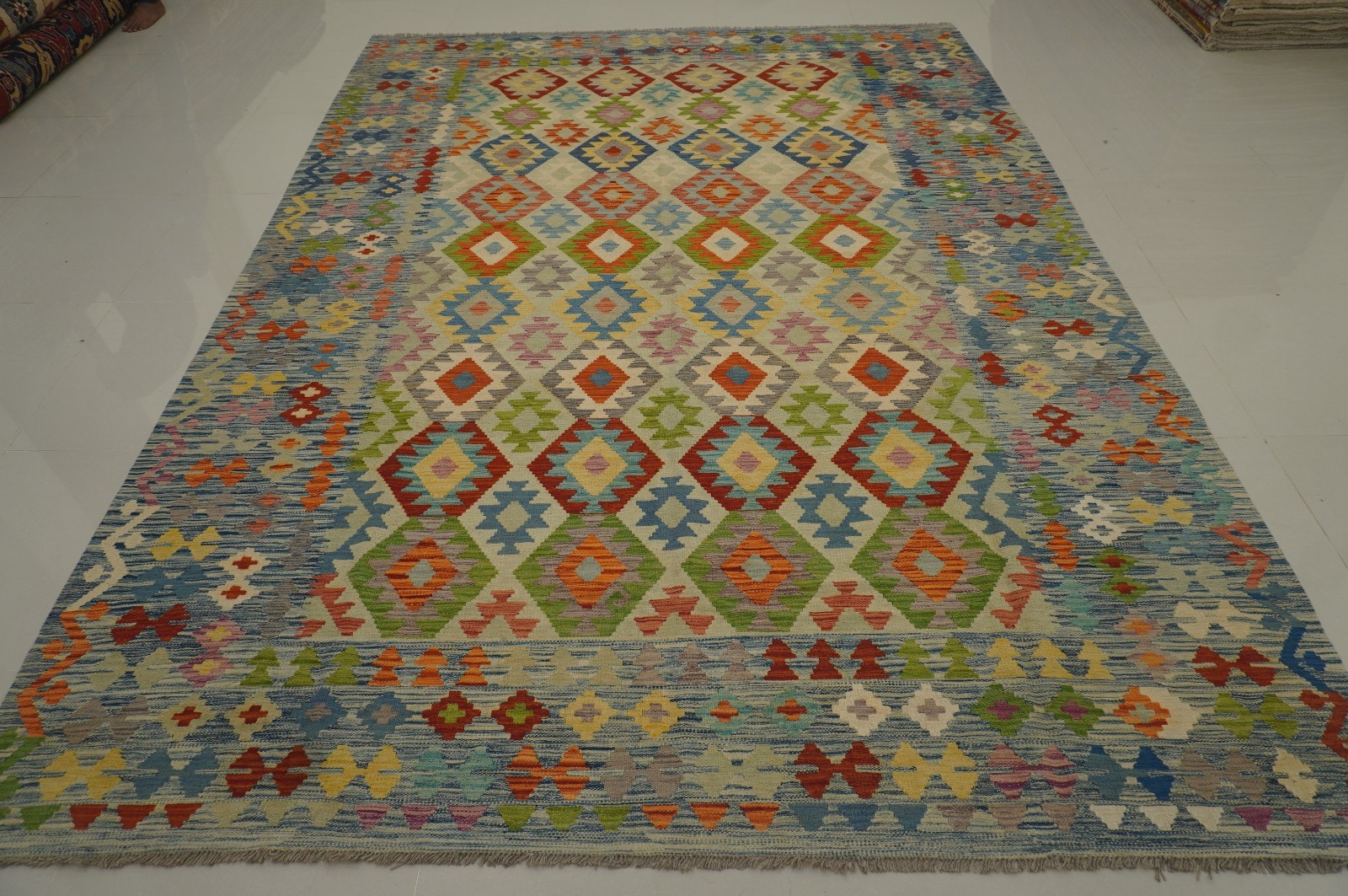 8x11 ft Blue Afghan Handmade Geometric Wool Kilim Area Rug (8\'5\