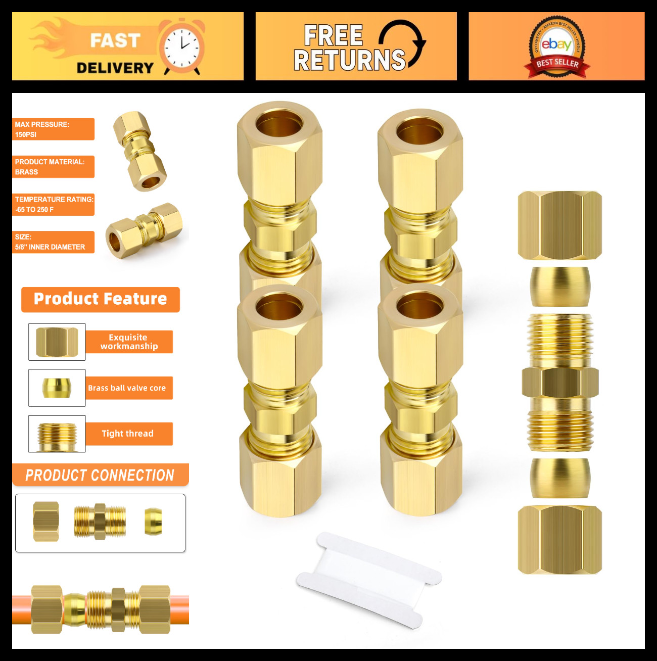 5PCS Brass Compression Tube Fitting Connector 5/8