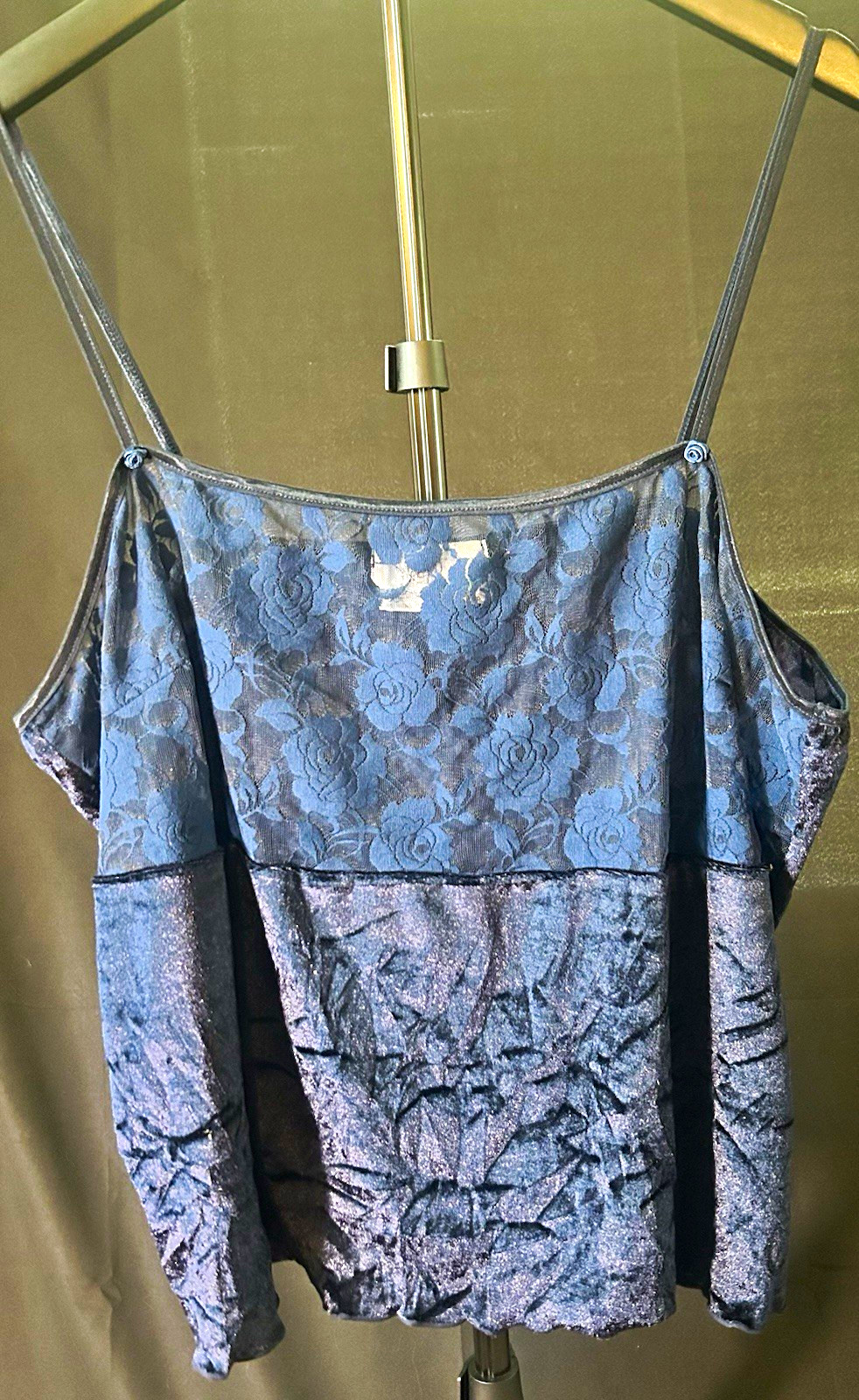 Vintage Undercover Wear Navy Blue Crushed Velvet Floral Lace Satin Cami Top 2X