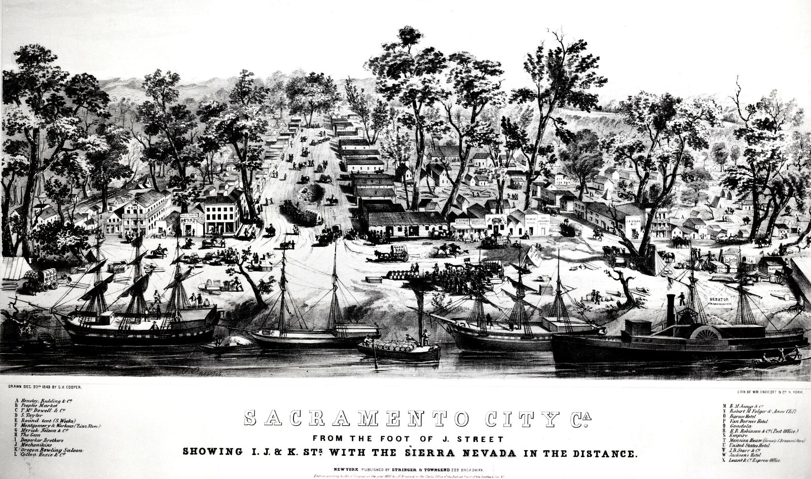 1849 EARLY SACRAMENTO CITY DRAWING by G.V. COOPER~KEY PTS. of INTEREST~NEGATIVE