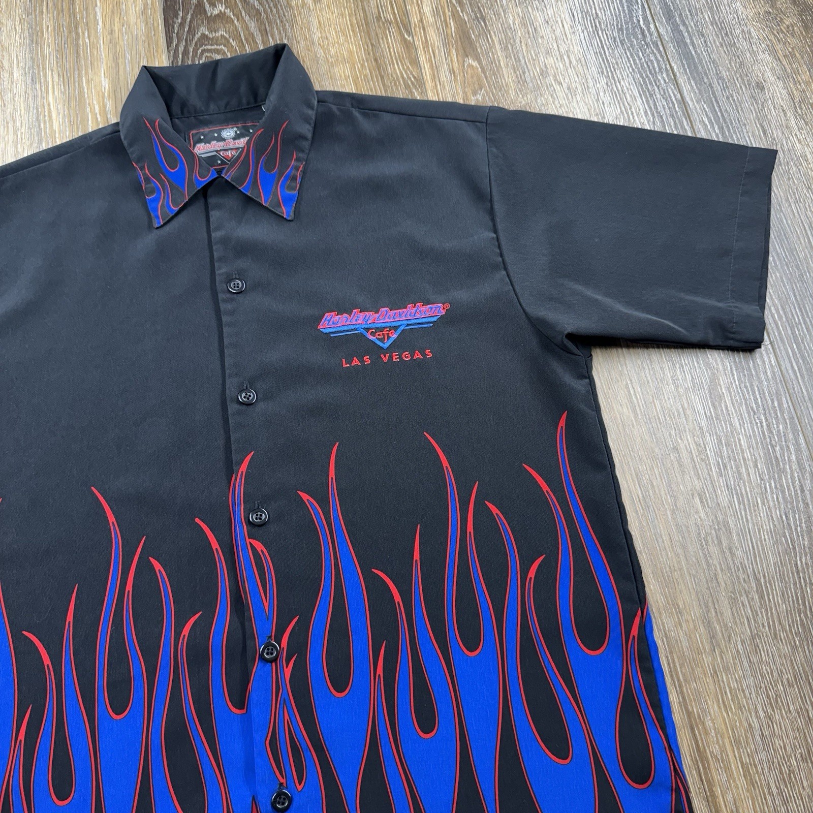 Vintage Harley Davidson Cafe Shirt Mens S Black Blue Flames Las Vegas Button Up