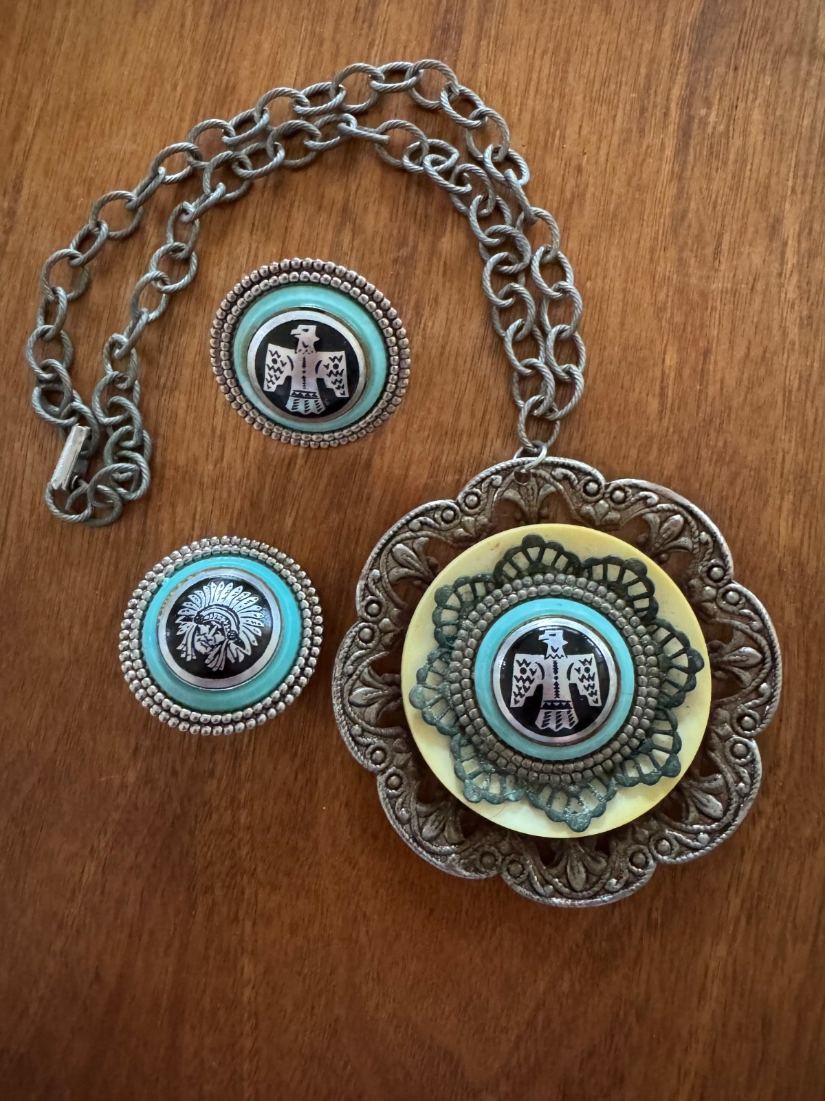 Vintage Southwestern Native American-Style Pendant Necklace and Clip Earrings