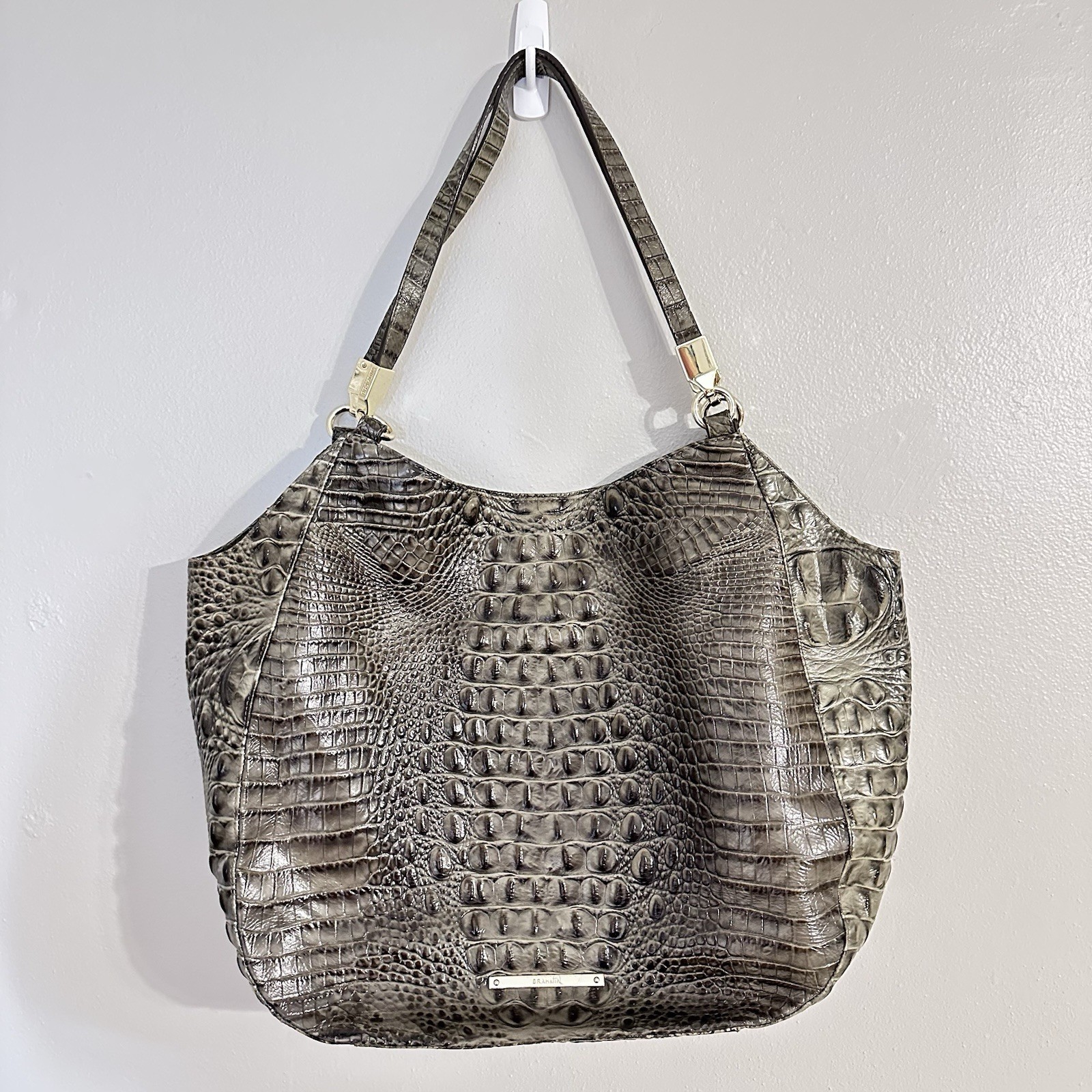 Brahmin Marianna Embossed Leather Large  Shoulder Bag Dark Grey Olive 13x14