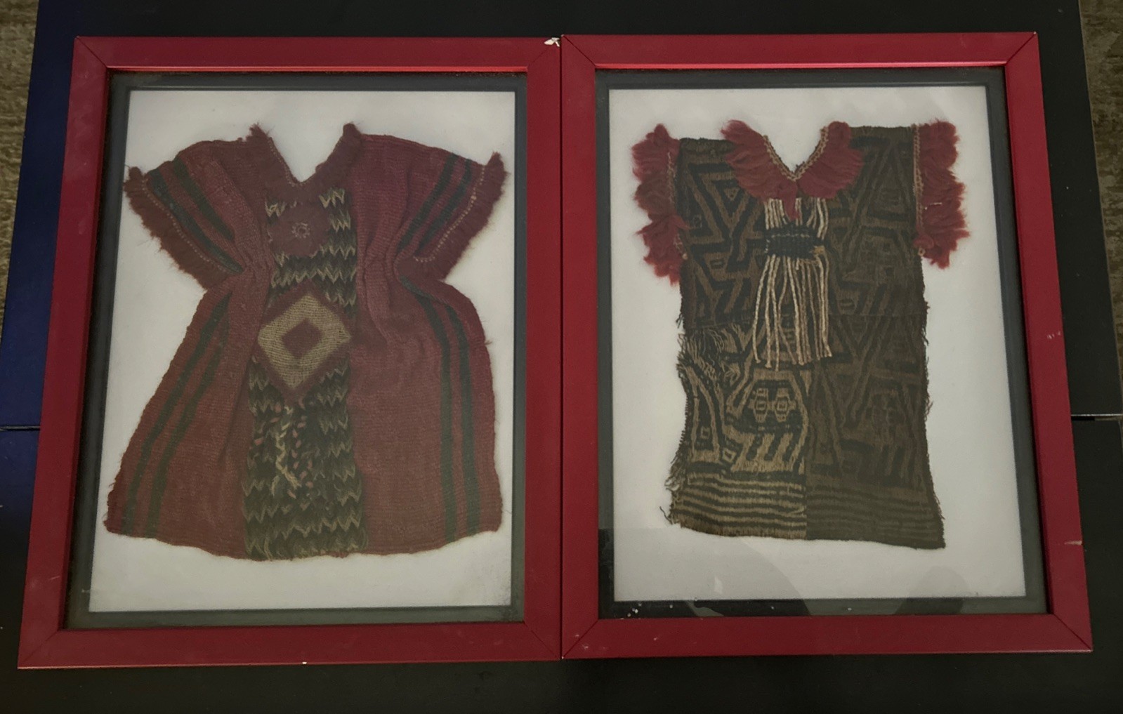 Pair of Pre-Columbian Woven Textile Small Doll Dress Framed 11\