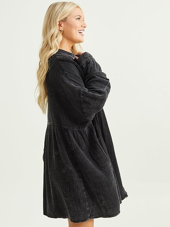 Altar'd State Women's Oversized Black Shirt Dress Effortless Chic Versatile