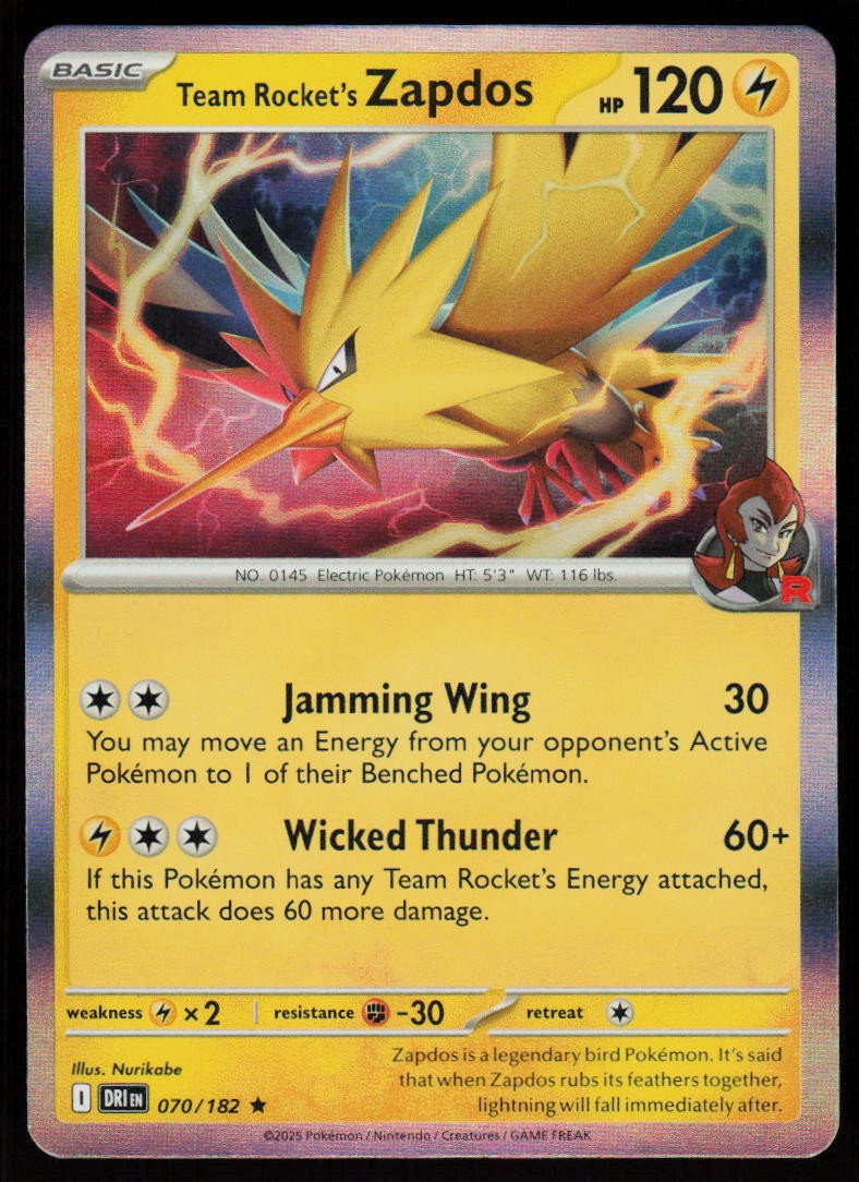 Team Rocket\'s Zapdos 070/182 Rare Destined Rivals Pokemon Holo Near Mint