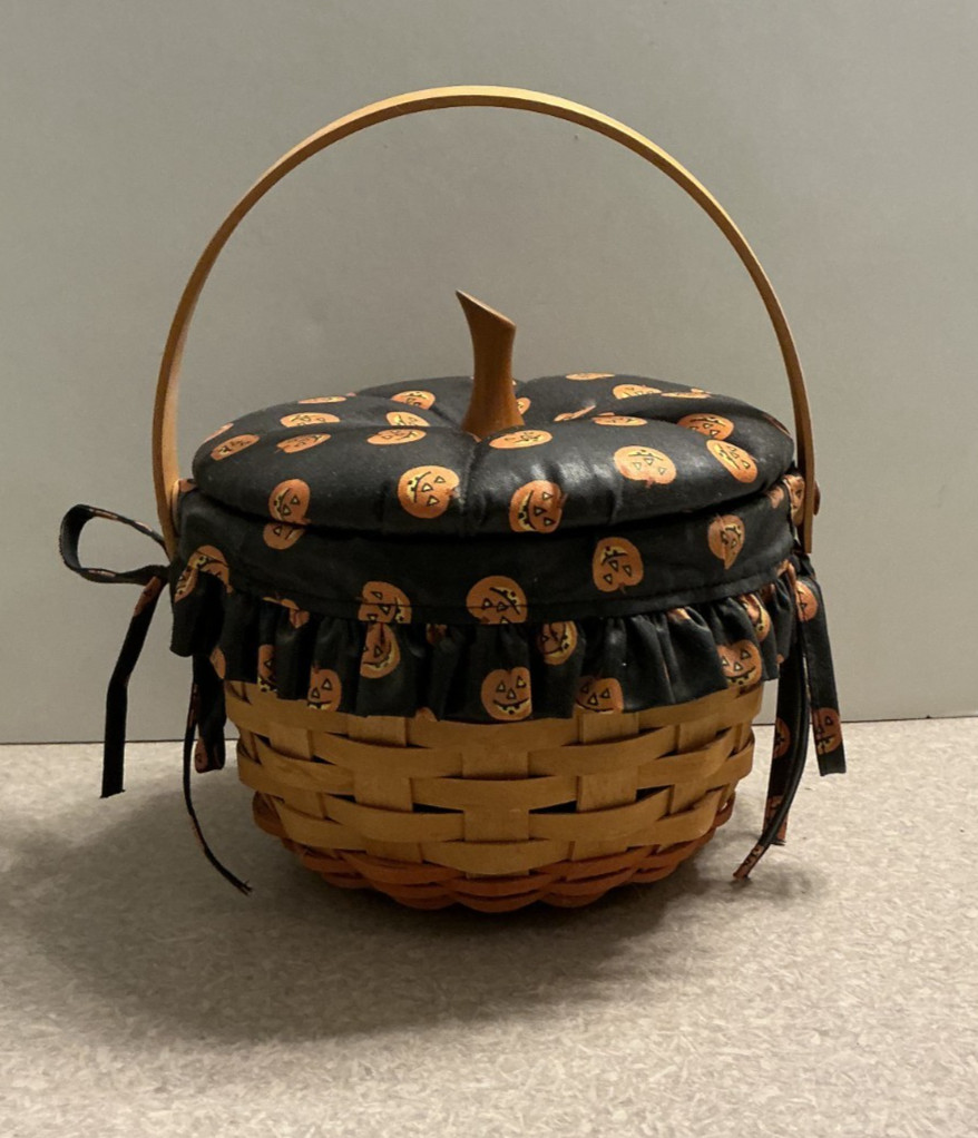 Longaberger 1996 Pumpkin Basket w/Halloween Liner Protector Fabric Lid
