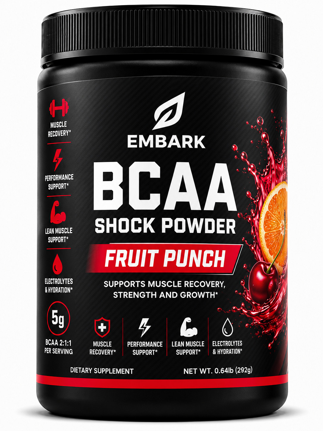 BCAA 2:1:1 Powder Fruit Punch Muscle Recovery Lean Muscle Support 292g