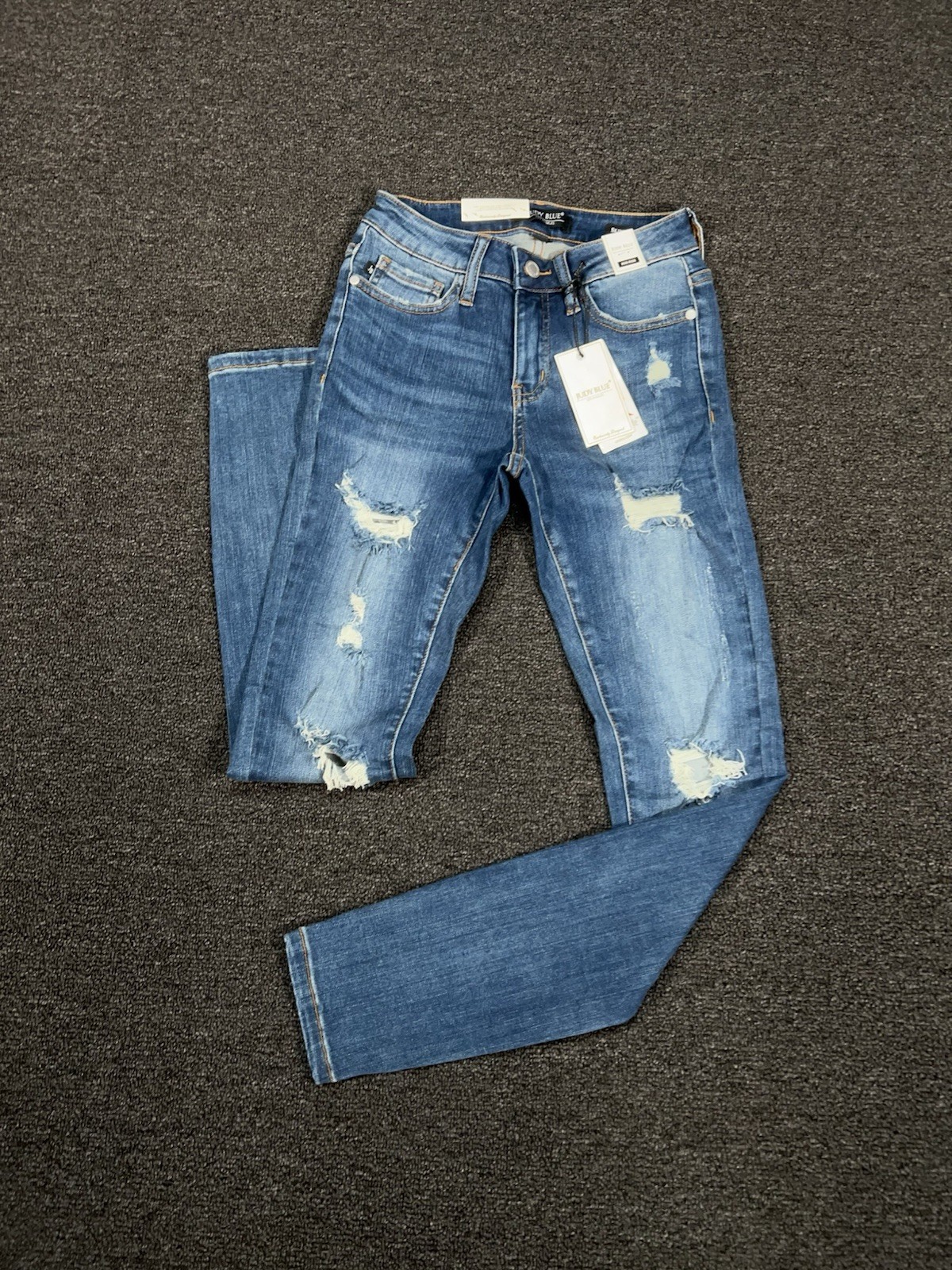New Judy Blue Jeans Women’s 0/24 Blue Denim Mid Rise Skinny Stretch Distressed