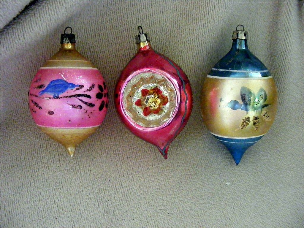 VTG Christmas Ornaments Teardrop Tips, Indent, Birds, Glitter Poland, Hand Paint