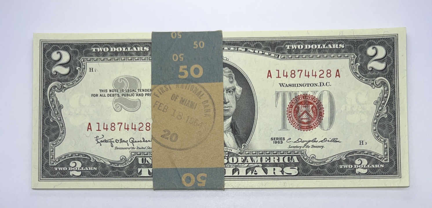 (1) 1963 TWO DOLLAR RED SEAL SALE IS FOR 1 NOTE CONSECUTIVE SERIAL NUMBERED PACK