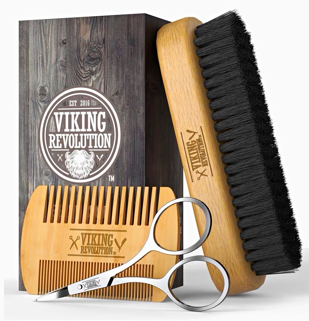 Viking Revolution Beard Grooming Kit Boar Hair Brush Wood Comb Scissors Bag Viking Revolution Beard Grooming Kit Boar Hair Brush Wood Comb Scissors Bag