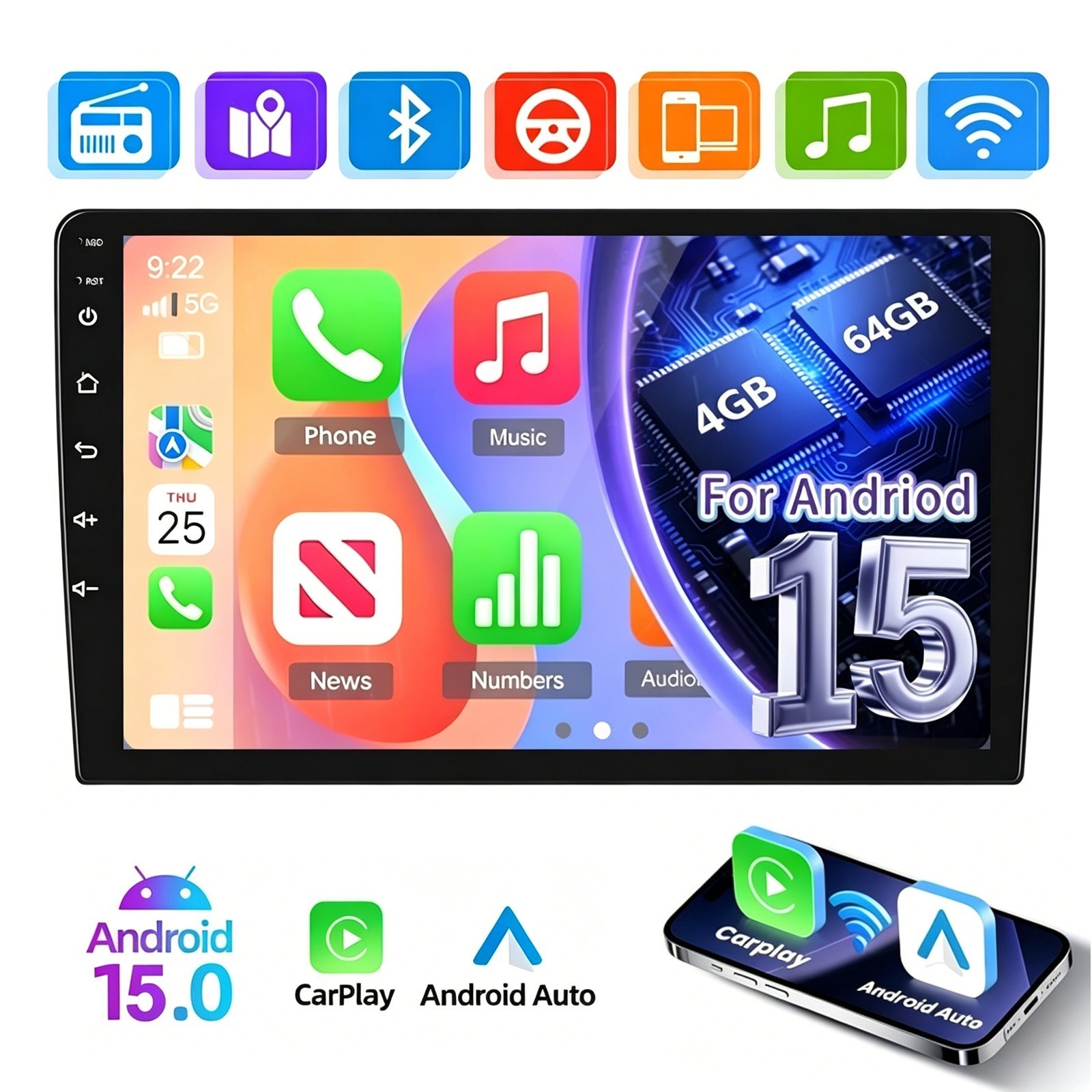 9 Inch Android 15 Double 2DIN Car Stereo GPS Sat Nav FM Radio Screen WiFi 4+64GB