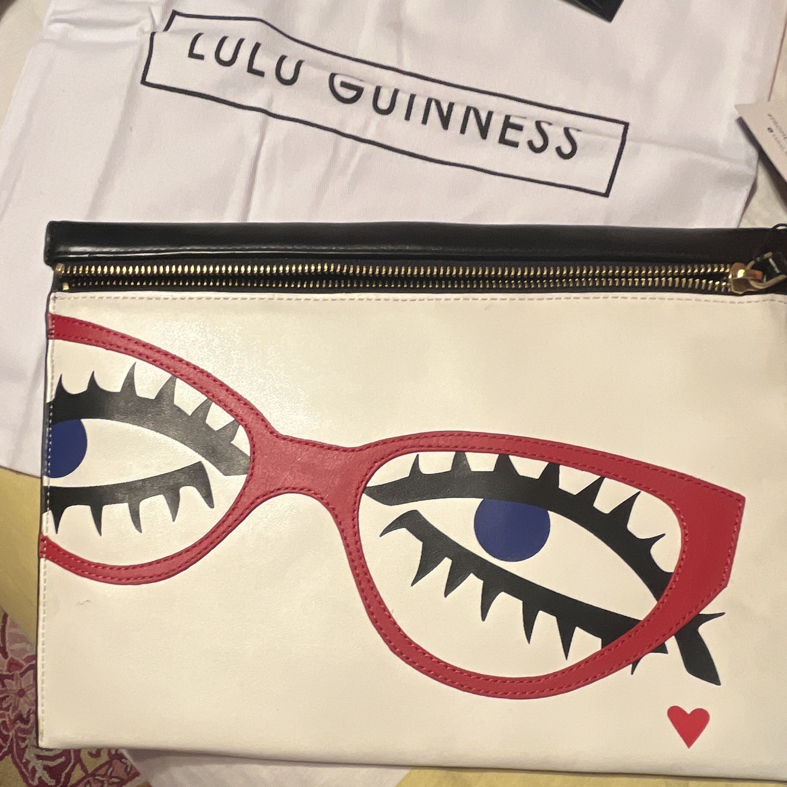 Lulu Guinness Zip Clutch Pouch Graphic Glasses Eyes White/Black Red Lining