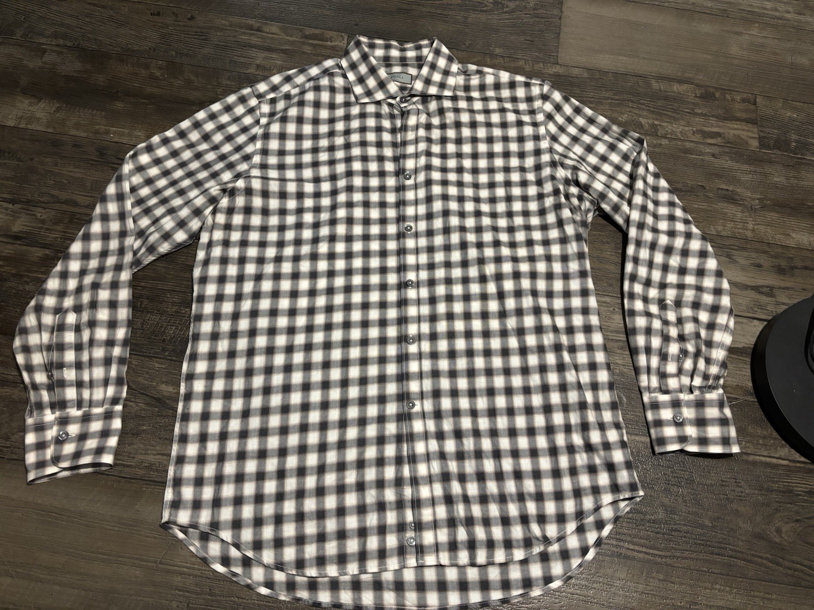 Canali Italy Button Up Long Sleeve Shirt Men’s XL Brown Black White Plaid