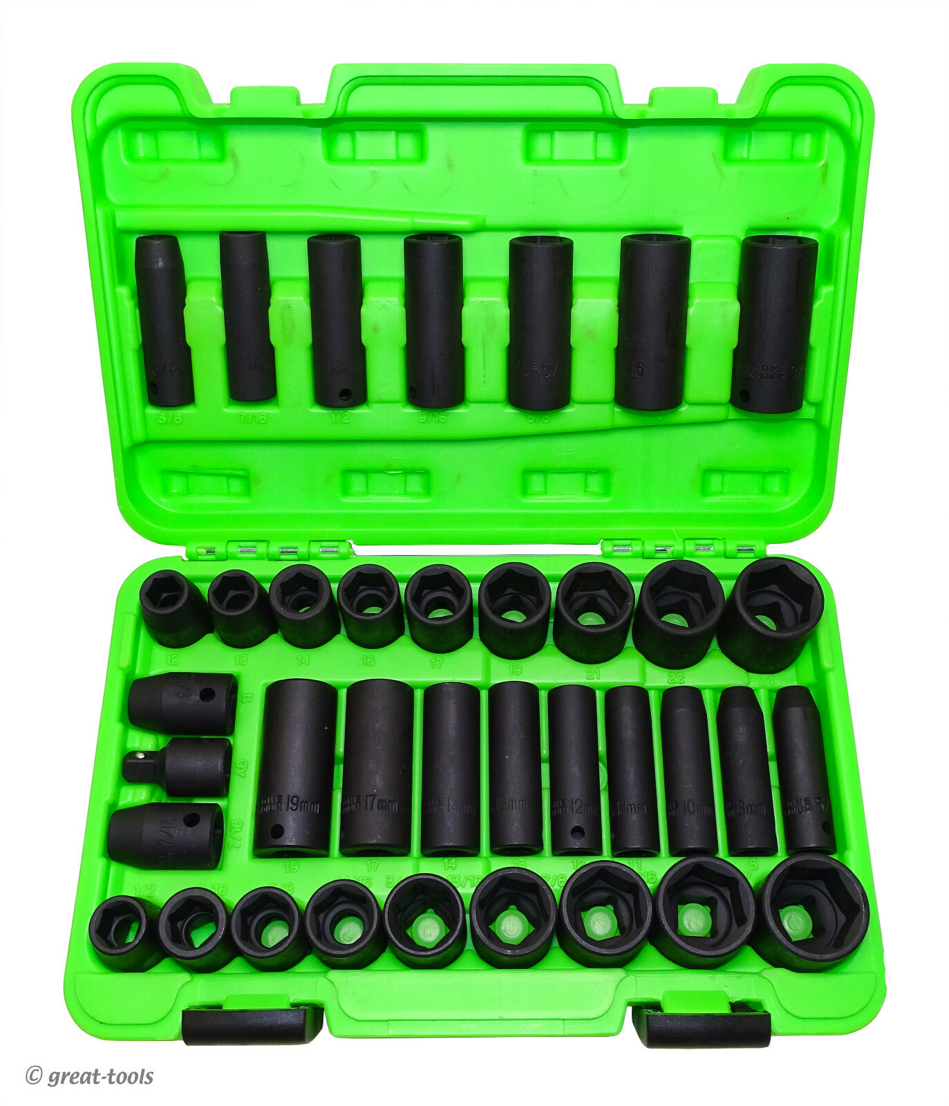 38-PC IMPACT SOCKETS SET – Deep & Shallow, MM & SAE sizes, 3/8” & 1/2” Drive