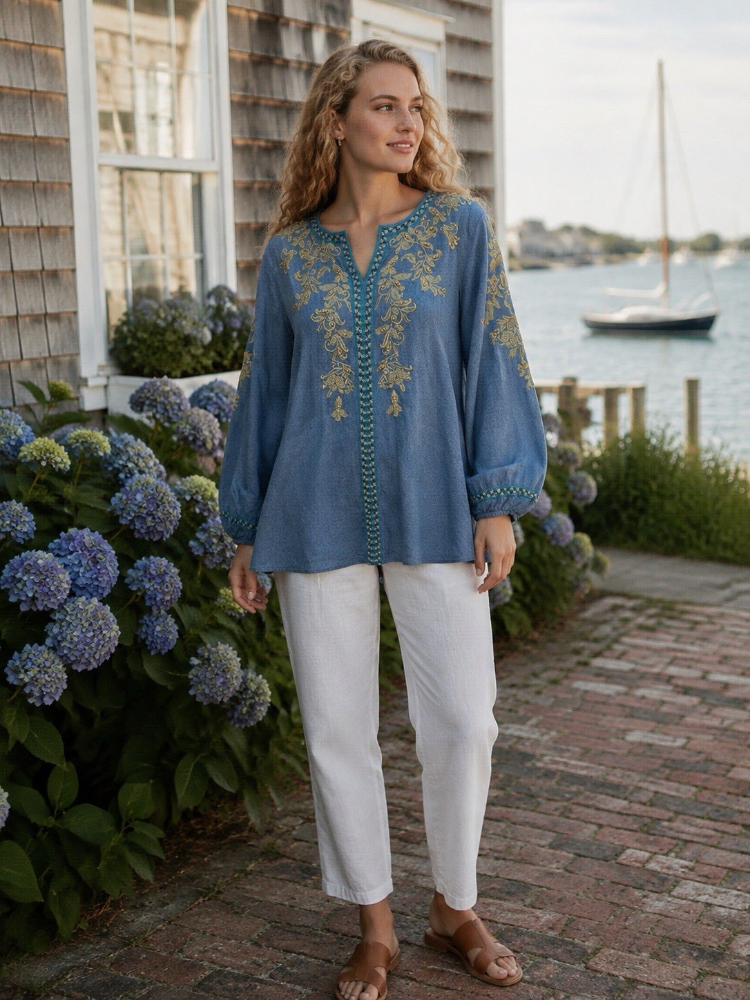 J. Jill Blue Embroidered Chambray Tunic Top Beaded Boho Blouse Medium J. Jill Blue Embroidered Chambray Tunic Top Beaded Boho Blouse Medium