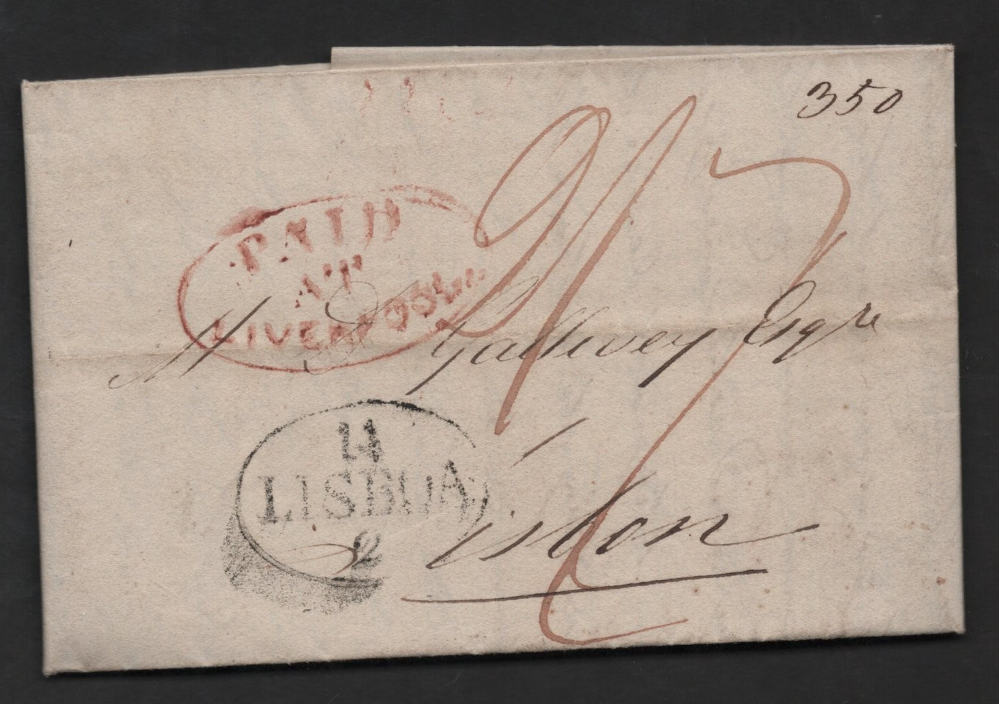 UK G.B. TO PORTUGAL 1825 FOLDED TWO PAGE LETTER W/ RED OVAL \