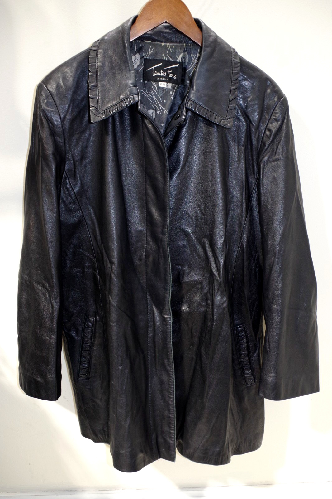 J7 Vintage XXL Black Soft Fine Leather Coat Tsontos Furs Mineola NY Print Lining