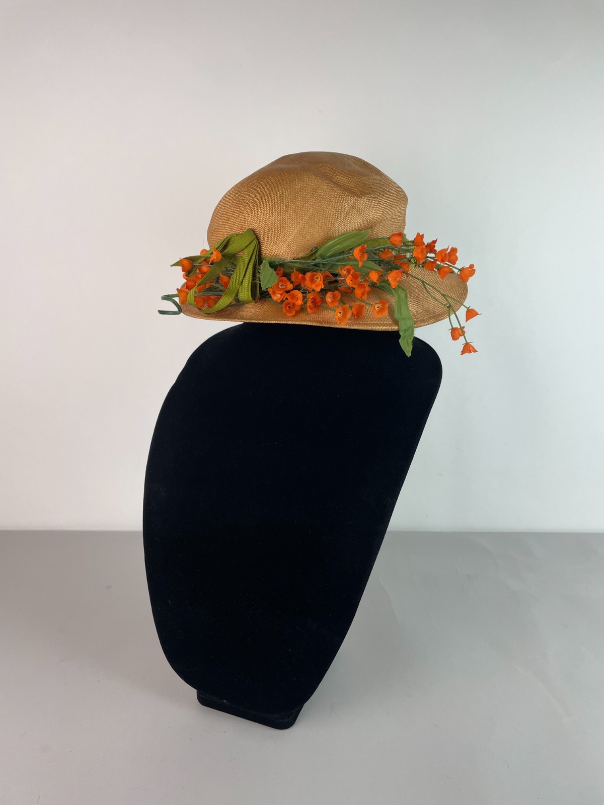 Vintage 60s Mr John Classic Hat New York Paris Orange flowers Straw Hat ONE SIZE