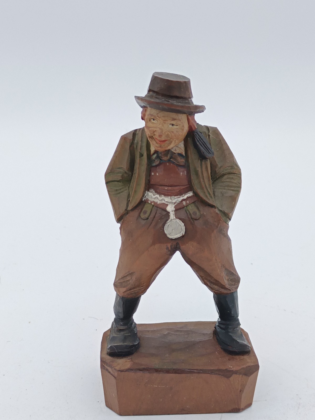 Vintage Hand Carved Painted Wooden Man Figurines Folk Art Boss Man w/ Watch Anri