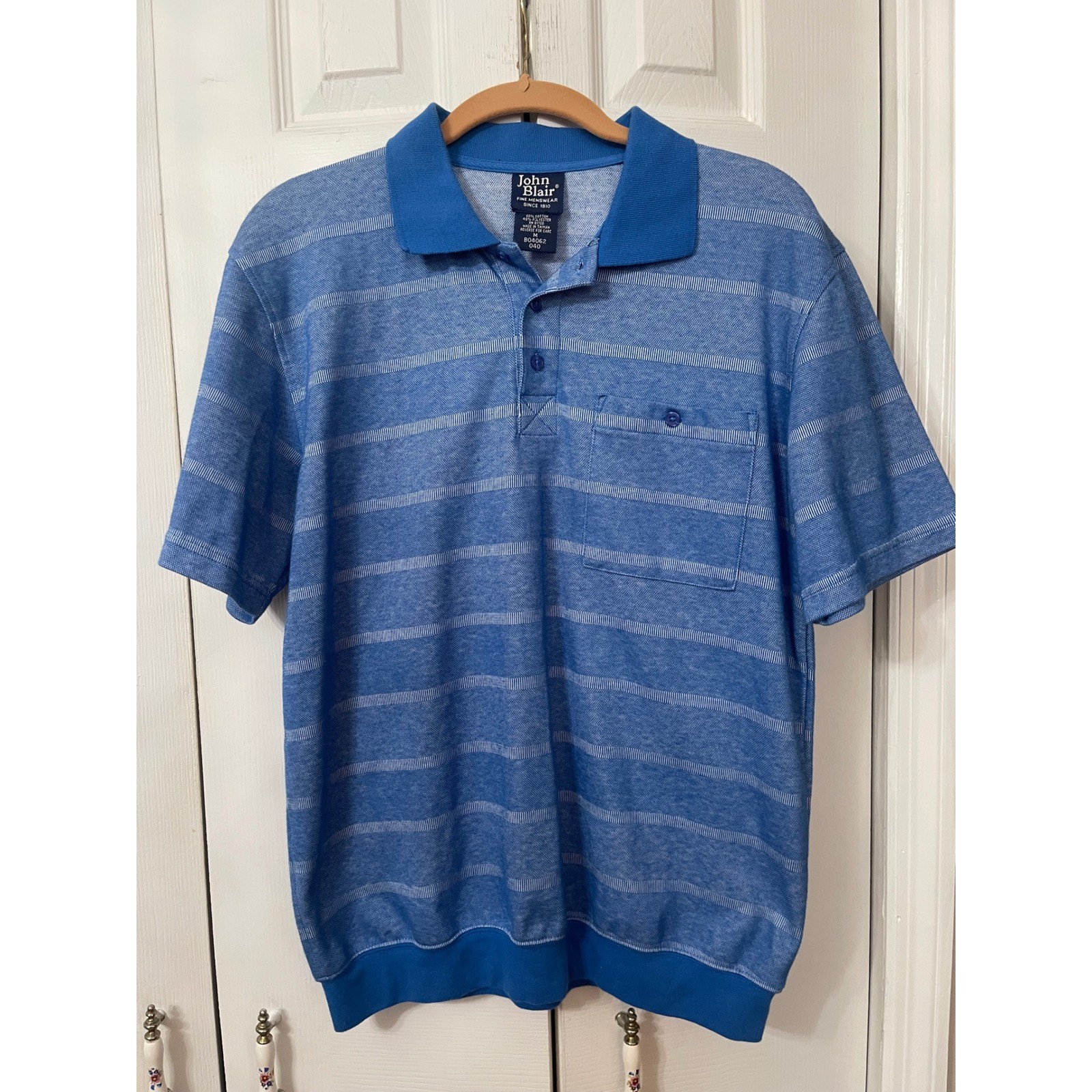 VTG John Blair Mens Blue Striped Short Sleeve Polo Shirt Banded Hem Medium
