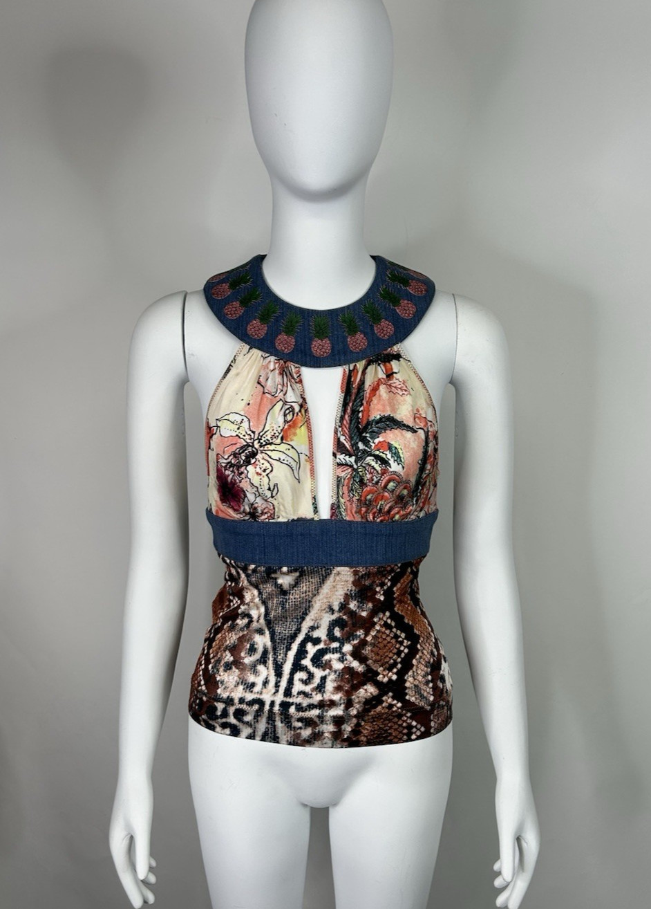 Vtg Roberto Cavalli Just Cavalli Patchwork Print Cutout Top IT 40