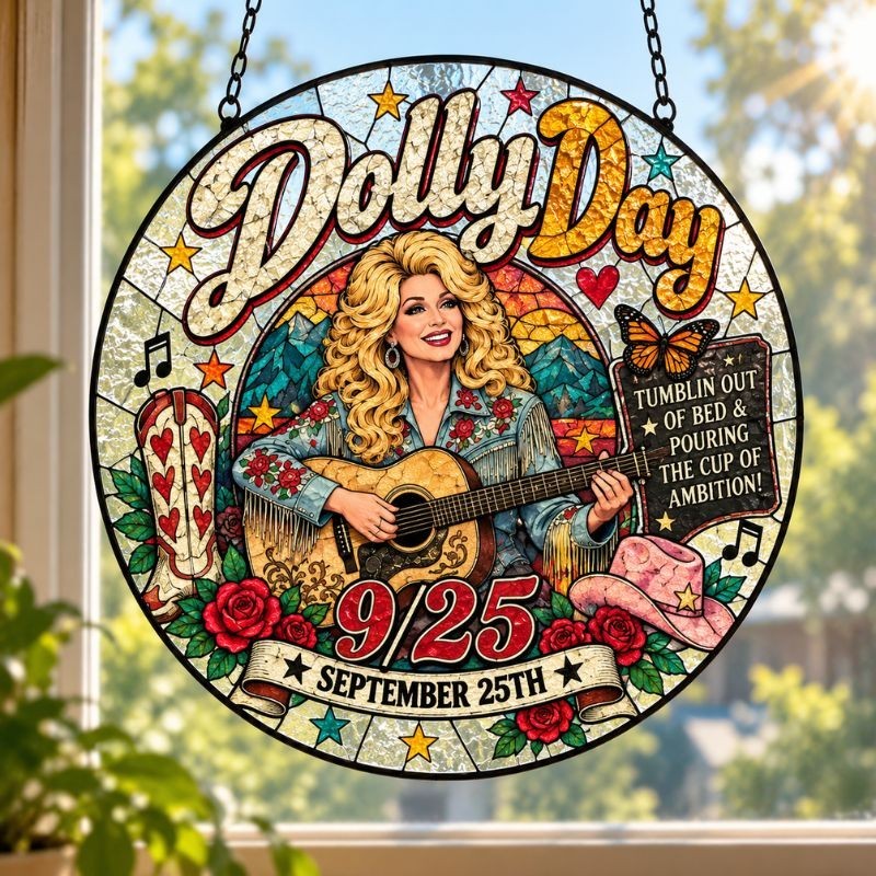 Dolly Day Stained Glass Suncatcher Retro 9 to 5 Country Music Cowgirl Gift