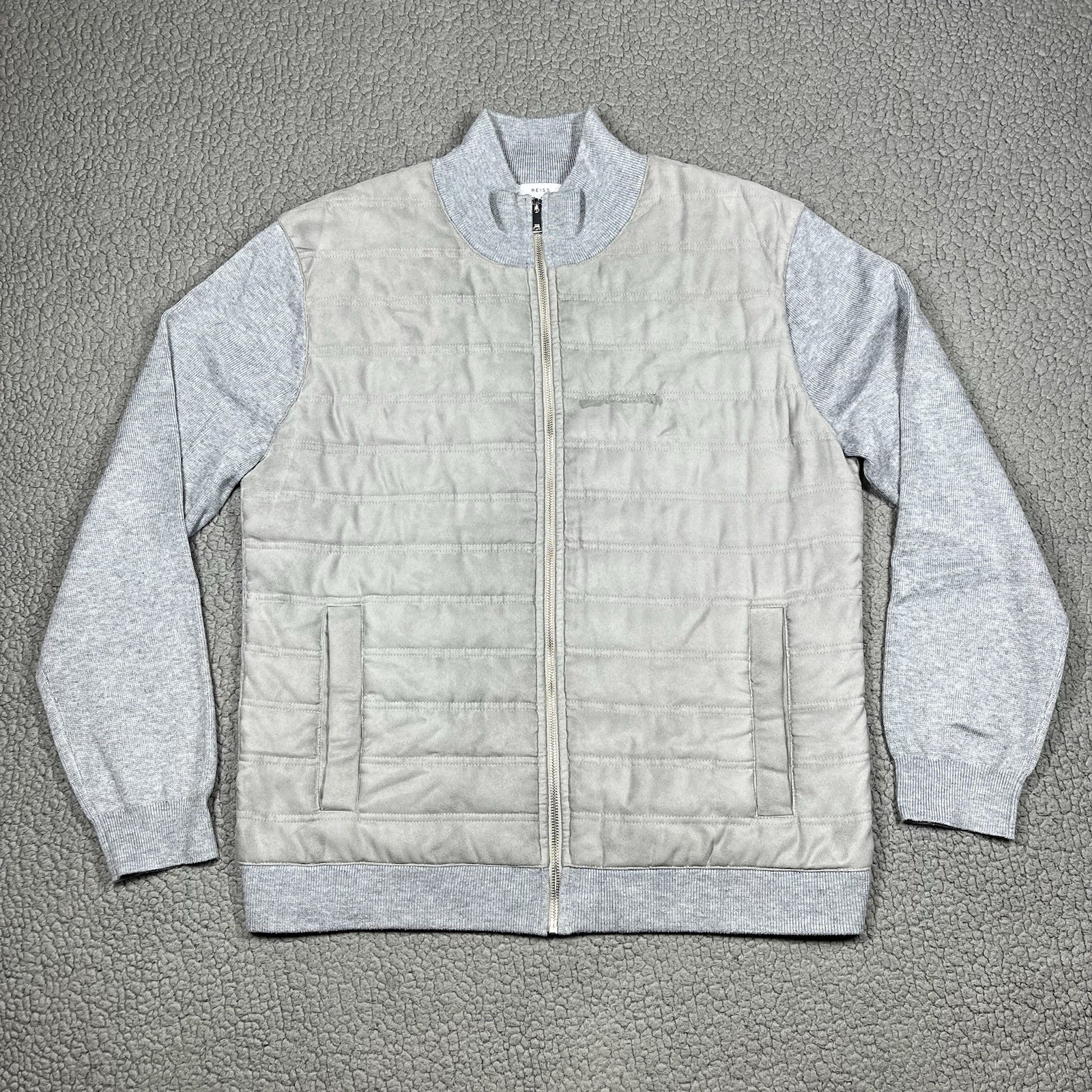REISS Trainer Hybrid Quilt and Knit Zip-Through Jacket Coat Soft Grey Size 2XL