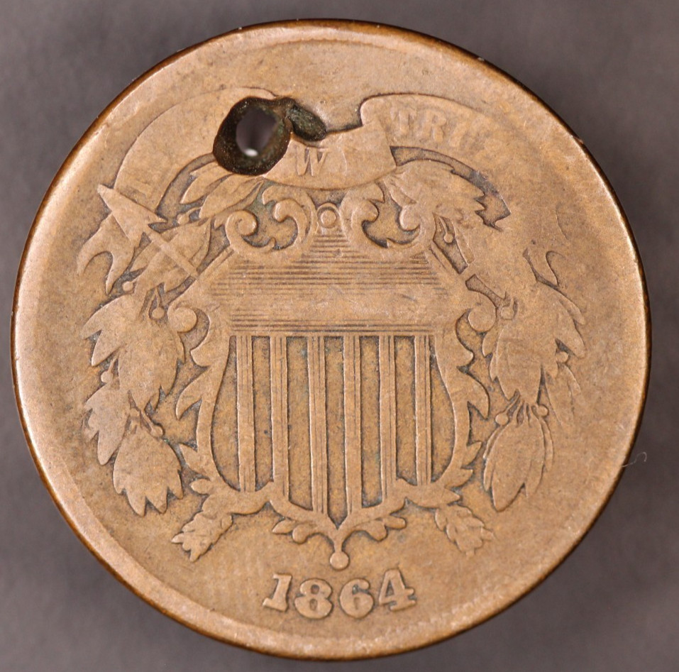 1864  2 CENT PIECE|  FROM AN ORIGINAL COLLECTION | HOLE | LOT BB-342