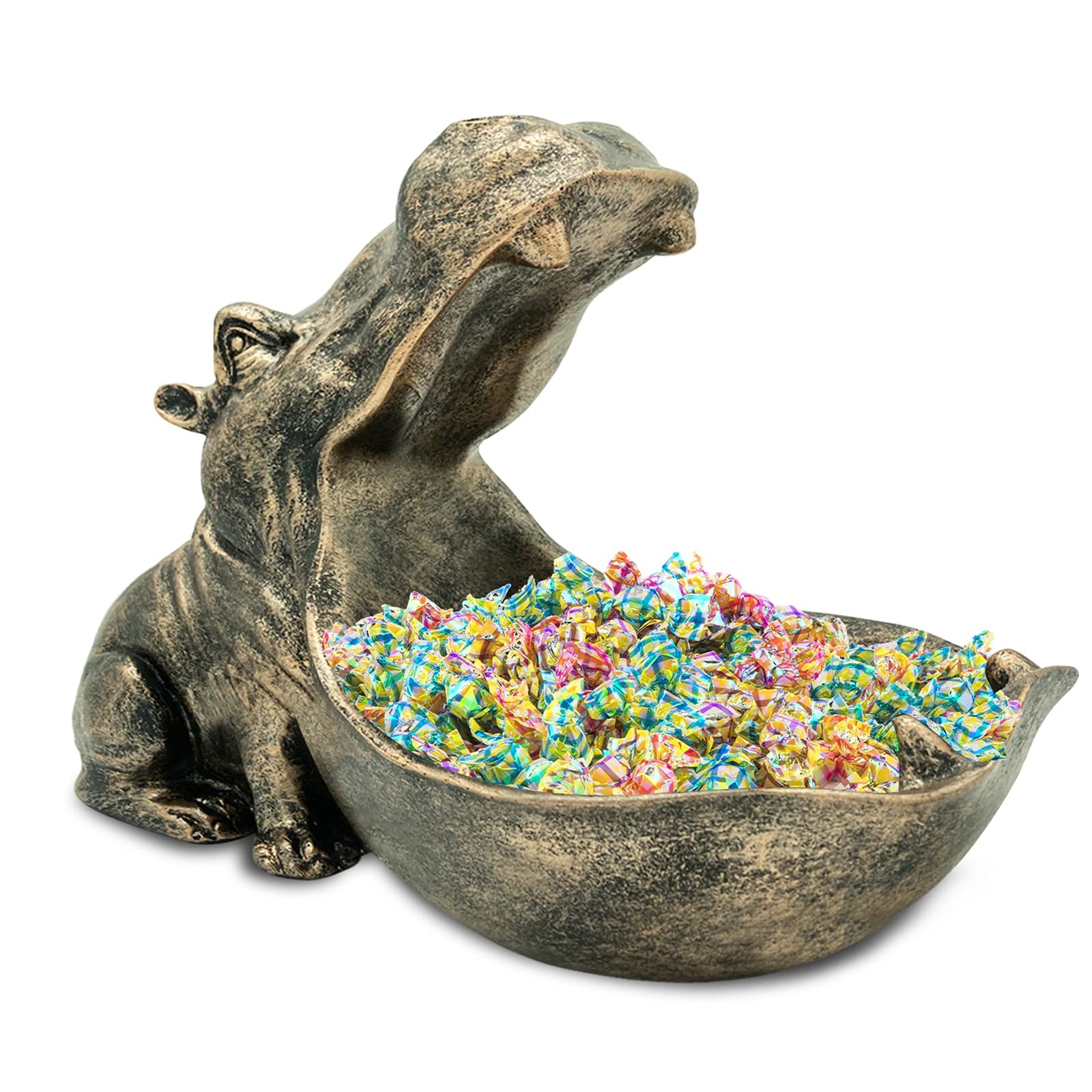 aboxoo Hippo Statue Candy Dish, Funny Big Mouth Container Key Bowl, Copper