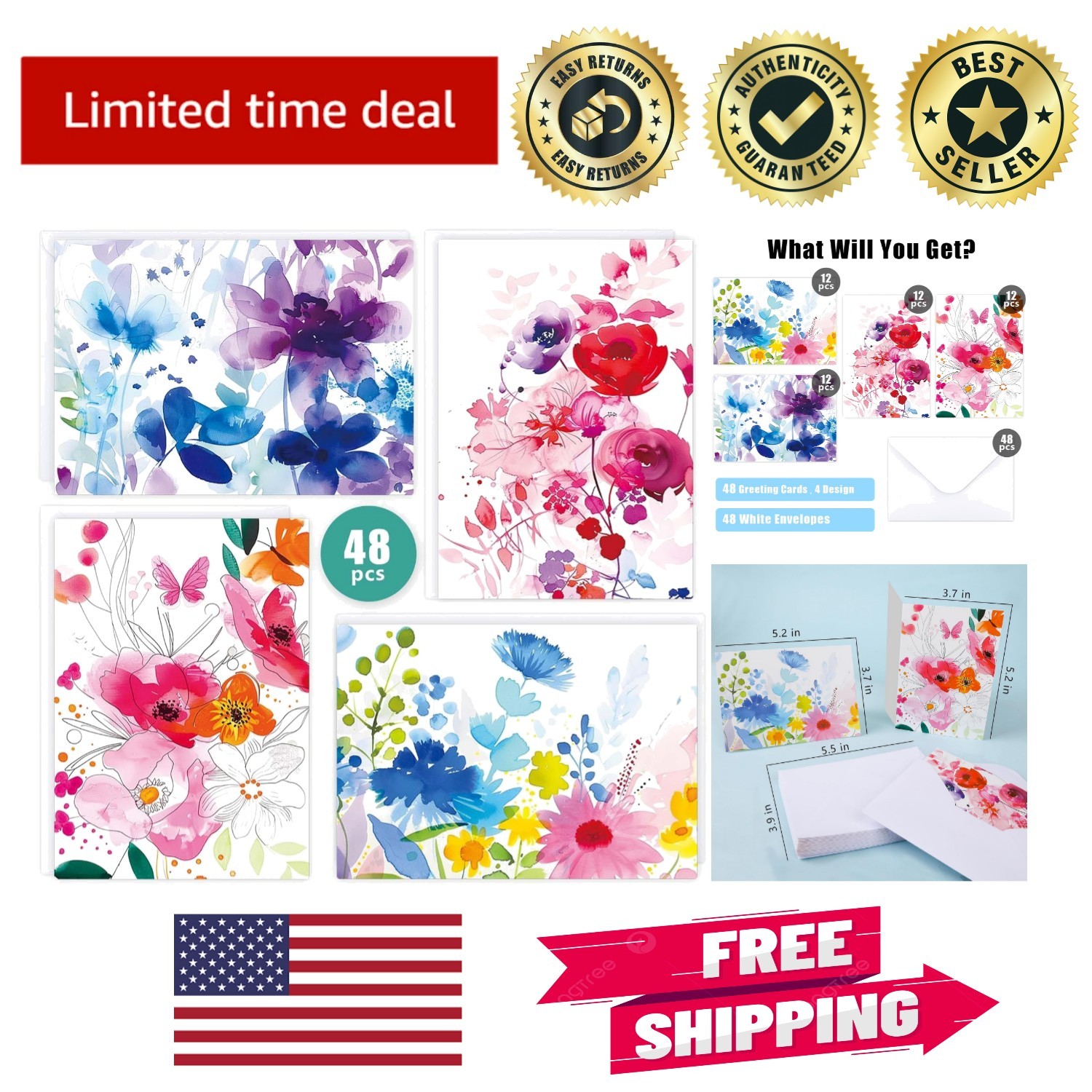 Vintage Floral 48 Pack Greeting Cards & Envelopes - Perfect for Every Occasion