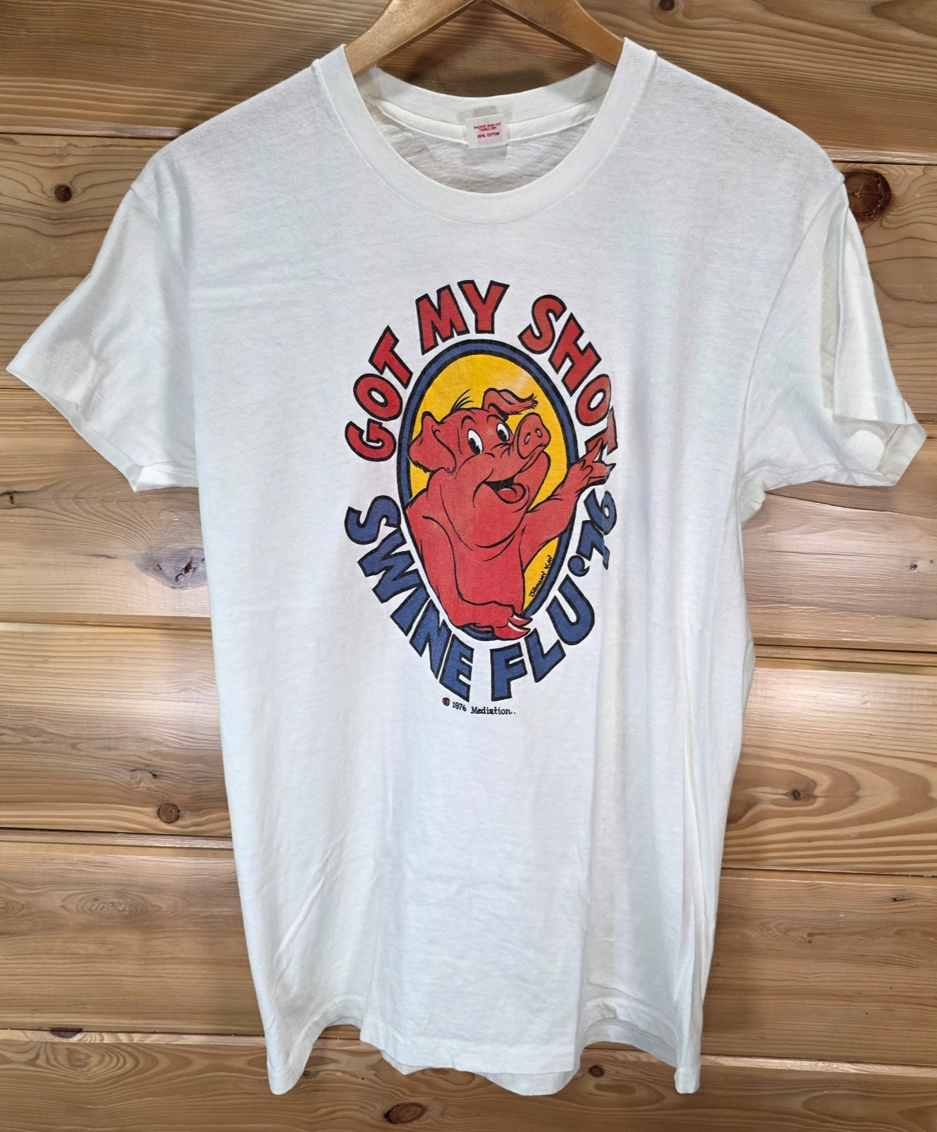 Vintage Swine Flu 76 Got My Shot Pig T-Shirt 70s Rare Adult Small