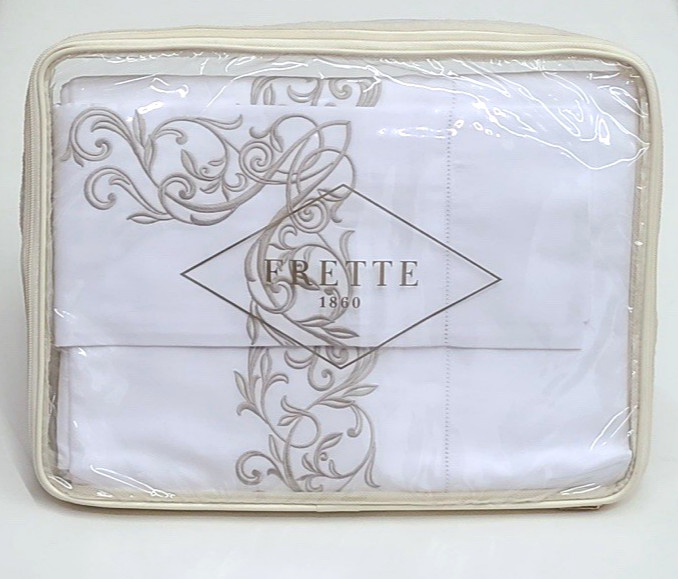 Frette Granada Ricamo Queen Sheet Set White/Natural Silky Pure Sotton Sateen