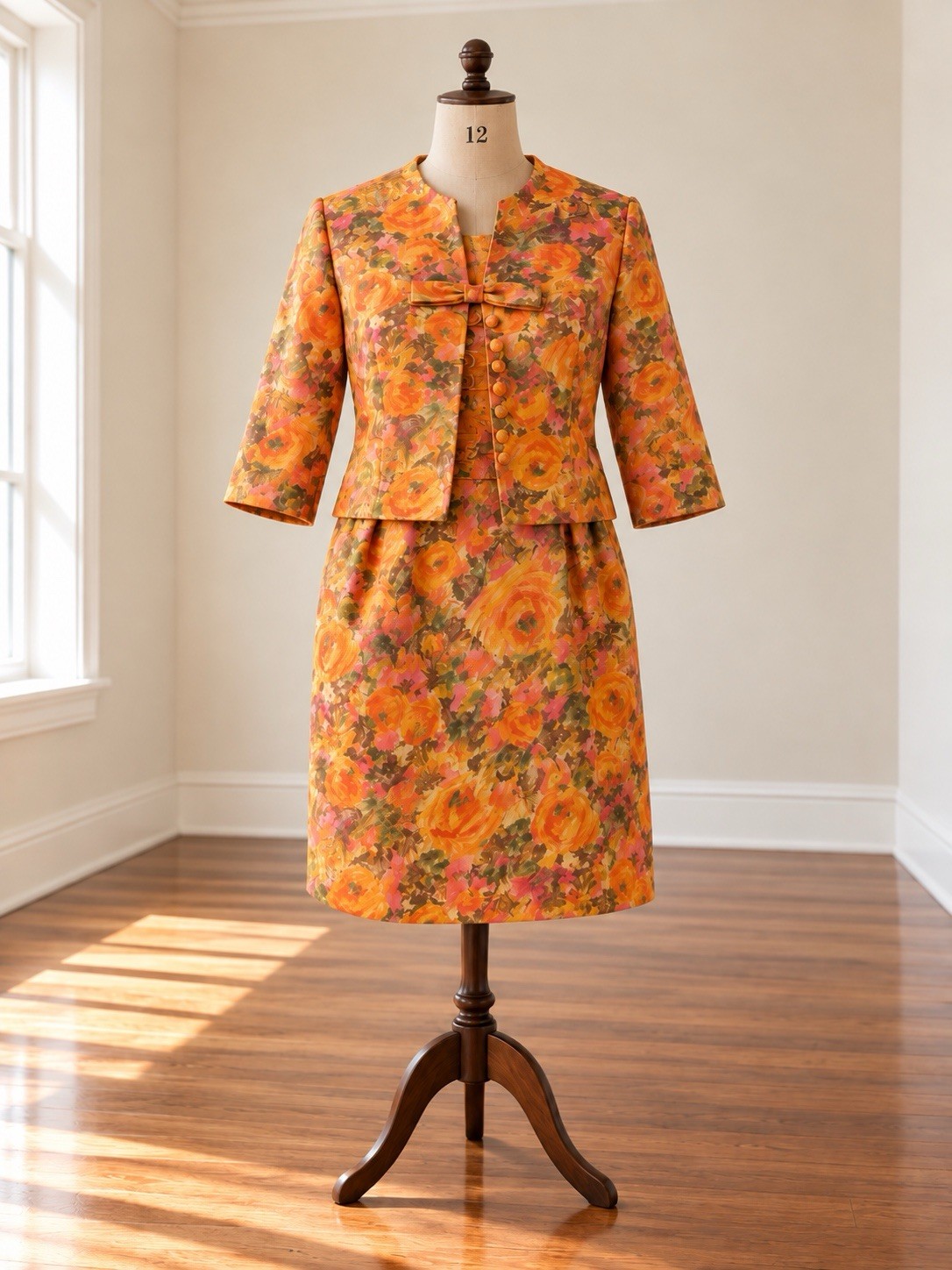 Vintage 50/60s Orange & Pink Wiggle Dress With 3/4 Sleeve Jacket Sz 10